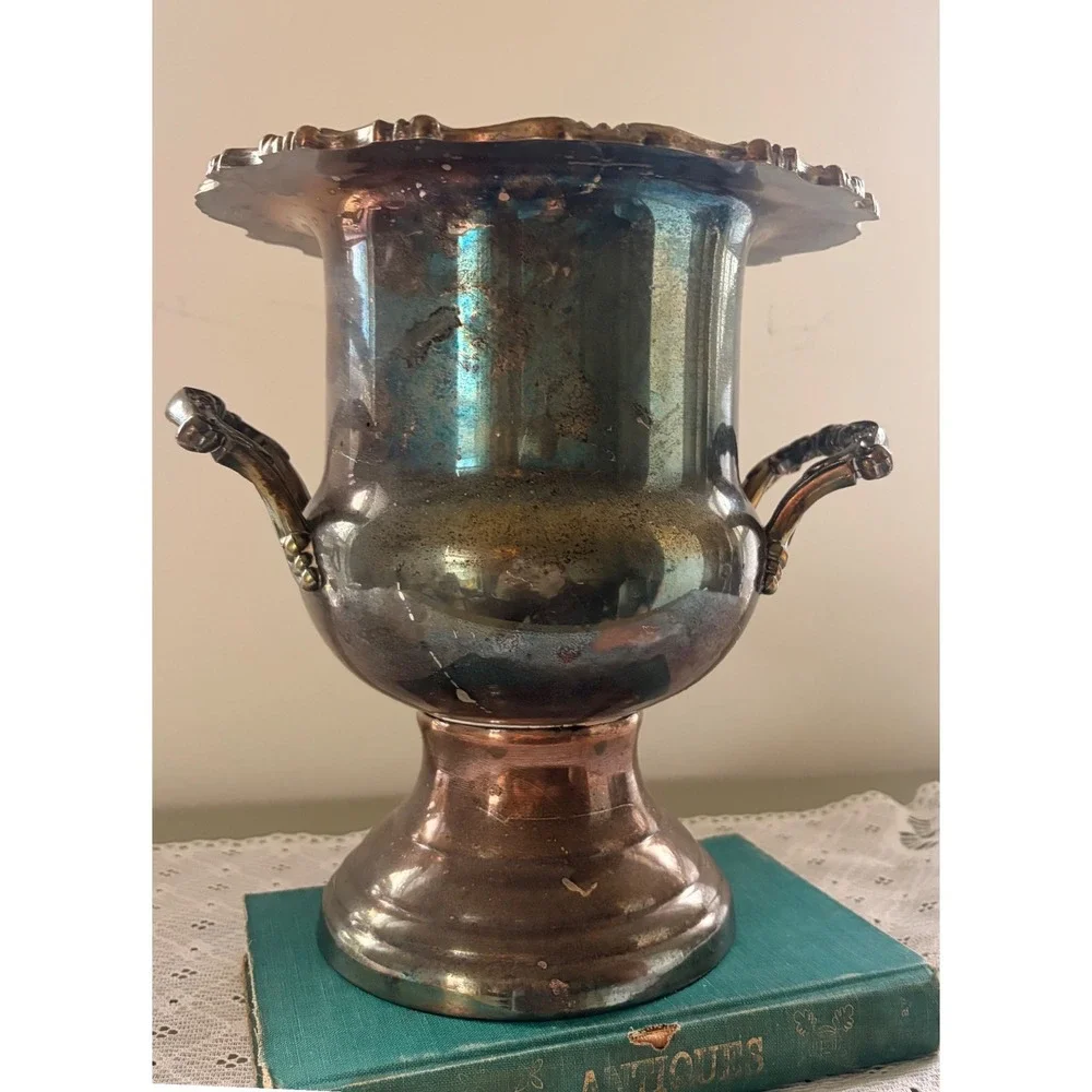 Vintage Oneida Silver Plate Champagne Bucket Wine Chiller Ornate Handles Patina